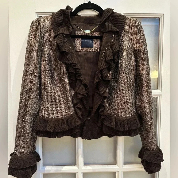 Magaschoni Collection Gold Metallic Tweed Ruffled Wool Blend Jacket Size 2 - Picture 16 of 16